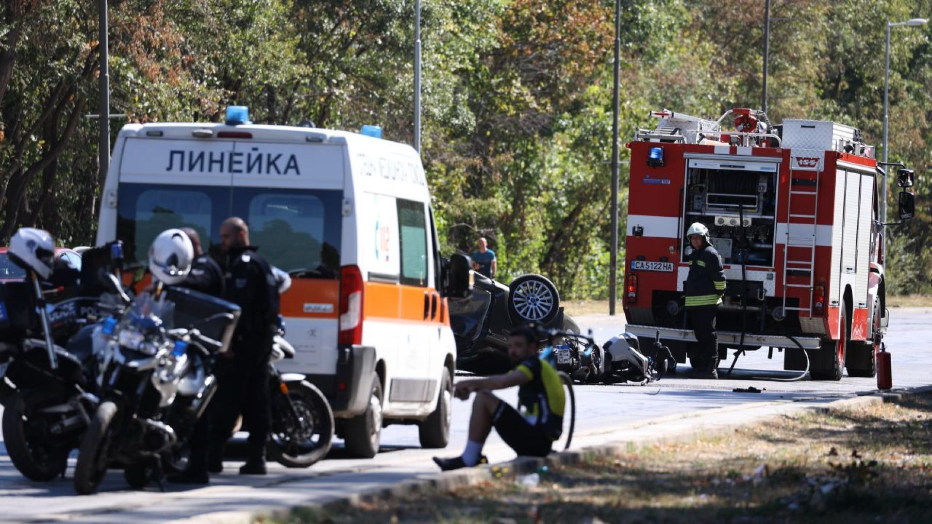 Traffic accident scene — ambulance, fire truck and police